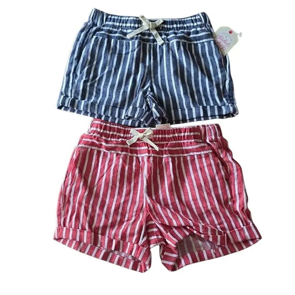 Faded Glory Girls Size 6/6X Two Pack Red Blue White Striped Soft Pull on Shorts